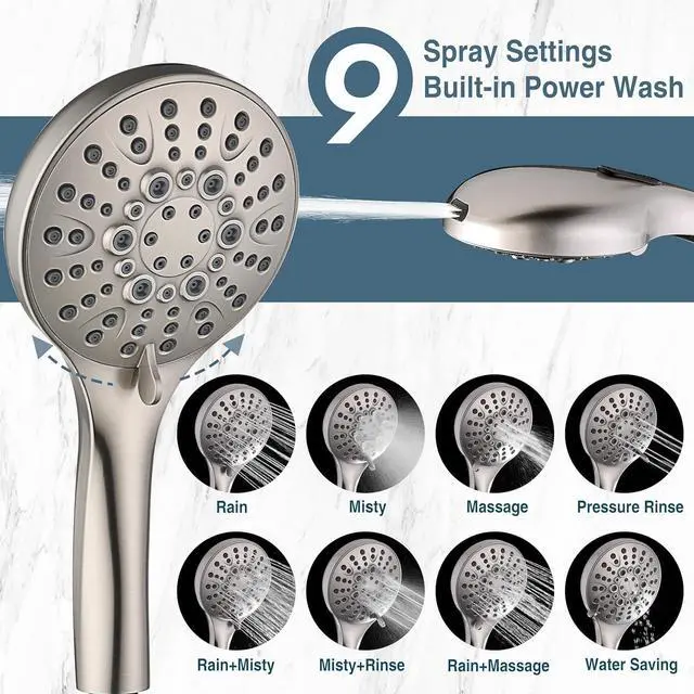 Alt view image 2 of 7 - BRIGHT SHOWERS High Pressure Shower Head with Handheld, 9 Spray Settings Showerhead Built in Power Wash to Clean Tub and Pets, Extra Long 69" Hose, Adjustable Bracket, Brushed Nickel