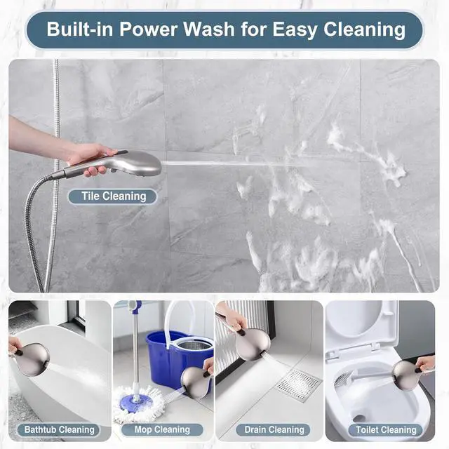 Alt view image 3 of 7 - BRIGHT SHOWERS High Pressure Shower Head with Handheld, 9 Spray Settings Showerhead Built in Power Wash to Clean Tub and Pets, Extra Long 69" Hose, Adjustable Bracket, Brushed Nickel