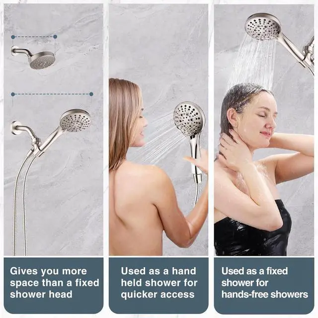 Alt view image 4 of 7 - BRIGHT SHOWERS High Pressure Shower Head with Handheld, 9 Spray Settings Showerhead Built in Power Wash to Clean Tub and Pets, Extra Long 69" Hose, Adjustable Bracket, Brushed Nickel