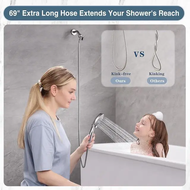 Alt view image 6 of 7 - BRIGHT SHOWERS High Pressure Shower Head with Handheld, 9 Spray Settings Showerhead Built in Power Wash to Clean Tub and Pets, Extra Long 69" Hose, Adjustable Bracket, Brushed Nickel