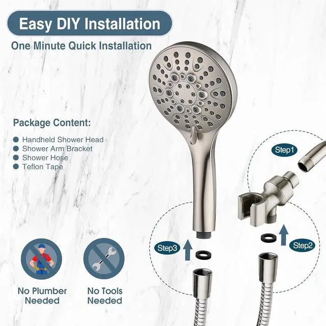 Alt view image 7 of 7 - BRIGHT SHOWERS High Pressure Shower Head with Handheld, 9 Spray Settings Showerhead Built in Power Wash to Clean Tub and Pets, Extra Long 69" Hose, Adjustable Bracket, Brushed Nickel