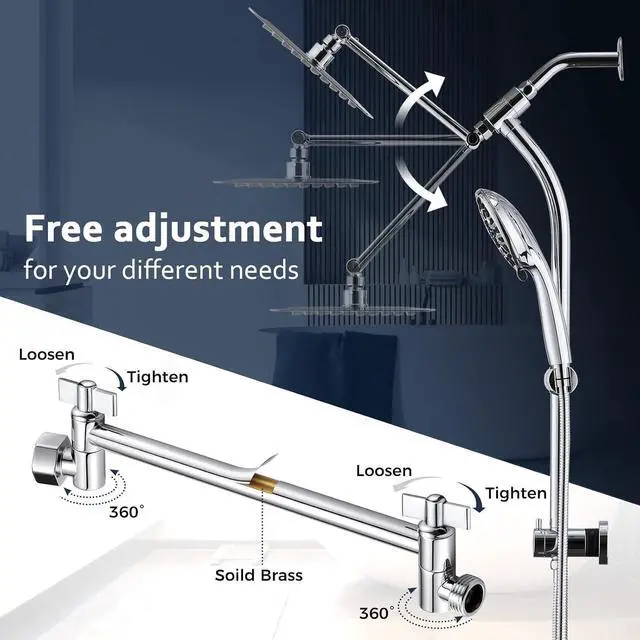 Alt view image 4 of 7 - Rainfall 8 Inch Shower Head with High Pressure Handheld Spray Combo, Drill-Free Slide Bar with Adjustable Shower Extension Arm, 3-Way Low Diverter for Easy Reach, 5Ft Hose- Chrome