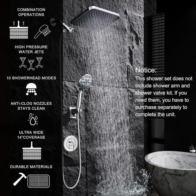Alt view image 2 of 7 - 14" Tandem Shower Head System, High Pressure Rainfall and 10Spray Handheld Combo with Adjustable Arm, Dual Shower with 70" Hose for Easy Maintenance Bath Upgrade CP