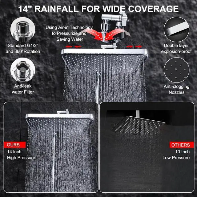 Alt view image 3 of 7 - 14" Tandem Shower Head System, High Pressure Rainfall and 10Spray Handheld Combo with Adjustable Arm, Dual Shower with 70" Hose for Easy Maintenance Bath Upgrade CP