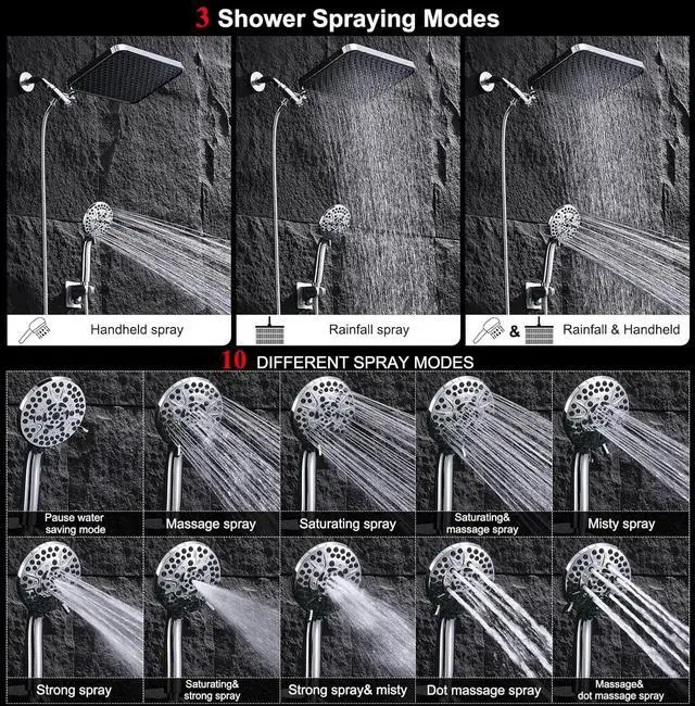 Alt view image 5 of 7 - 14" Tandem Shower Head System, High Pressure Rainfall and 10Spray Handheld Combo with Adjustable Arm, Dual Shower with 70" Hose for Easy Maintenance Bath Upgrade CP