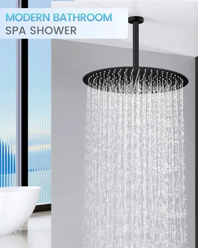 Alt view image 2 of 6 - 16 inch Matte Black Large Ceiling Rainfall Shower Head, All Metal Stainless Steel 304, Full Body Round Rain Shower with 230 Silicone Nozzles