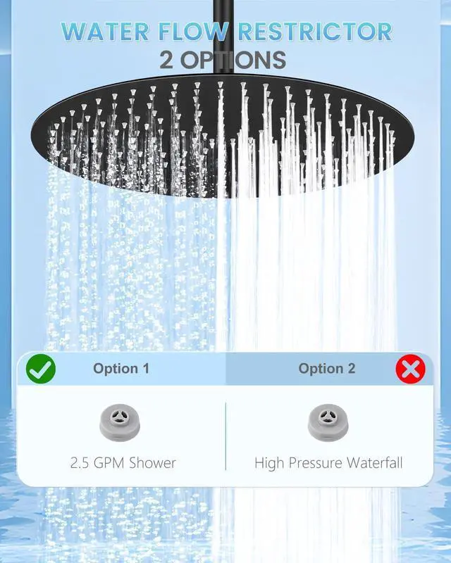 Alt view image 6 of 6 - 16 inch Matte Black Large Ceiling Rainfall Shower Head, All Metal Stainless Steel 304, Full Body Round Rain Shower with 230 Silicone Nozzles