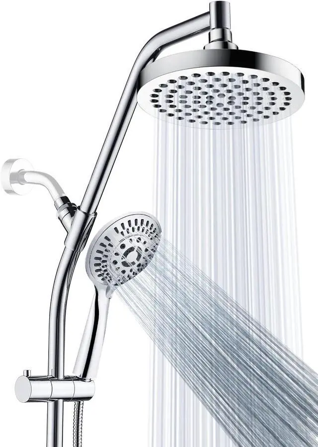 Main image of BRIGHT SHOWERS Rain Shower Head Combo with Solid Brass Slide Bar & Diverter, Dual High Pressure Shower Heads with 5-Setting Handheld, Adjustable Height, 60" Stainless Hose, Brushed Nickel