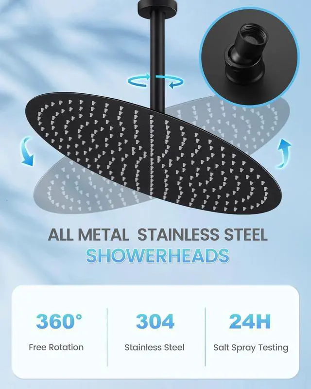 Alt view image 3 of 6 - 16 inch Matte Black Large Ceiling Rainfall Shower Head, All Metal Stainless Steel 304, Full Body Round Rain Shower with 230 Silicone Nozzles