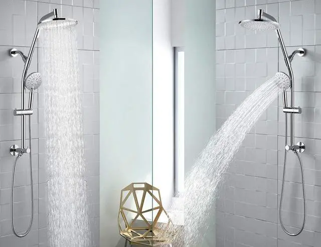 Alt view image 2 of 7 - BRIGHT SHOWERS Rain Shower Head Combo with Solid Brass Slide Bar & Diverter, Dual High Pressure Shower Heads with 5-Setting Handheld, Adjustable Height, 60" Stainless Hose, Brushed Nickel