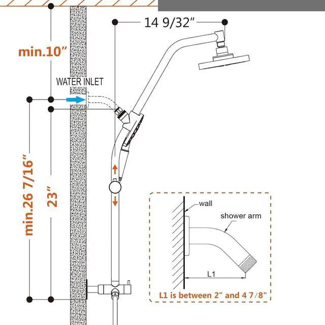 Alt view image 3 of 7 - BRIGHT SHOWERS Rain Shower Head Combo with Solid Brass Slide Bar & Diverter, Dual High Pressure Shower Heads with 5-Setting Handheld, Adjustable Height, 60" Stainless Hose, Brushed Nickel