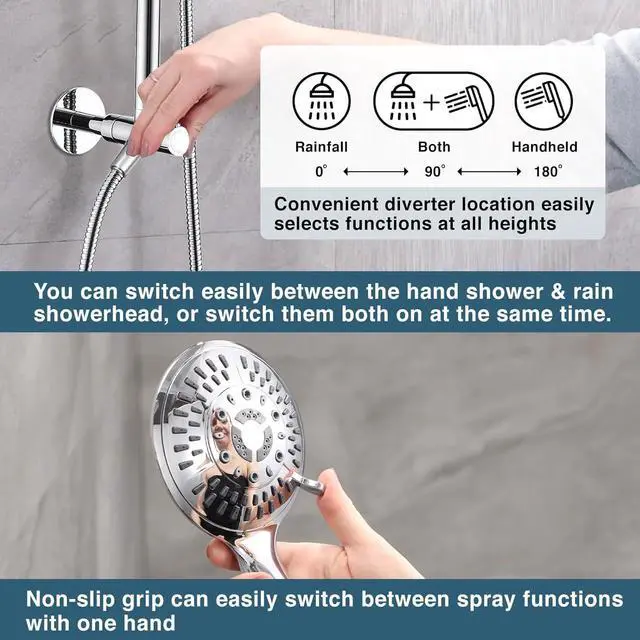 Alt view image 4 of 7 - BRIGHT SHOWERS Rain Shower Head Combo with Solid Brass Slide Bar & Diverter, Dual High Pressure Shower Heads with 5-Setting Handheld, Adjustable Height, 60" Stainless Hose, Brushed Nickel