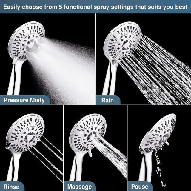 Alt view image 5 of 7 - BRIGHT SHOWERS Rain Shower Head Combo with Solid Brass Slide Bar & Diverter, Dual High Pressure Shower Heads with 5-Setting Handheld, Adjustable Height, 60" Stainless Hose, Brushed Nickel