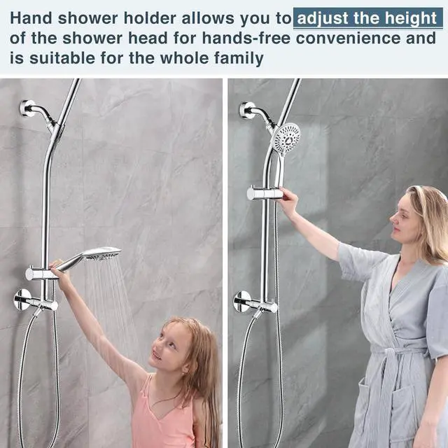 Alt view image 6 of 7 - BRIGHT SHOWERS Rain Shower Head Combo with Solid Brass Slide Bar & Diverter, Dual High Pressure Shower Heads with 5-Setting Handheld, Adjustable Height, 60" Stainless Hose, Brushed Nickel