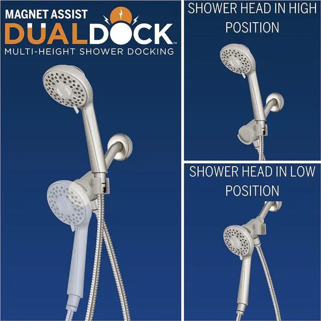 Alt view image 2 of 7 - Waterpik Magnetic Dual Dock Adjustable Height Hand Held Shower Head With 5-Foot Metal Hose and PowerPulse Shower Massage, Brushed Nickel QMK-759ME