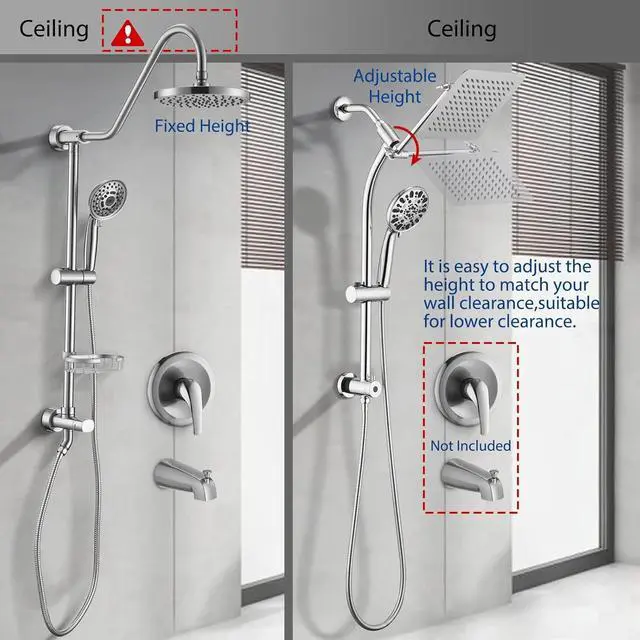Alt view image 5 of 7 - Rainfall 8 Inch Shower Head with High Pressure Handheld Spray Combo, Drill-Free Slide Bar with Adjustable Shower Extension Arm, 3-Way Low Diverter for Easy Reach, 5Ft Hose- Chrome