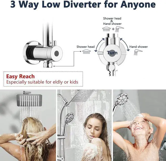 Alt view image 6 of 7 - Rainfall 8 Inch Shower Head with High Pressure Handheld Spray Combo, Drill-Free Slide Bar with Adjustable Shower Extension Arm, 3-Way Low Diverter for Easy Reach, 5Ft Hose- Chrome