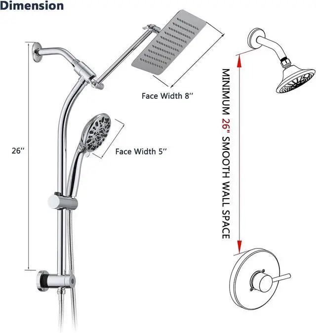 Alt view image 7 of 7 - Rainfall 8 Inch Shower Head with High Pressure Handheld Spray Combo, Drill-Free Slide Bar with Adjustable Shower Extension Arm, 3-Way Low Diverter for Easy Reach, 5Ft Hose- Chrome