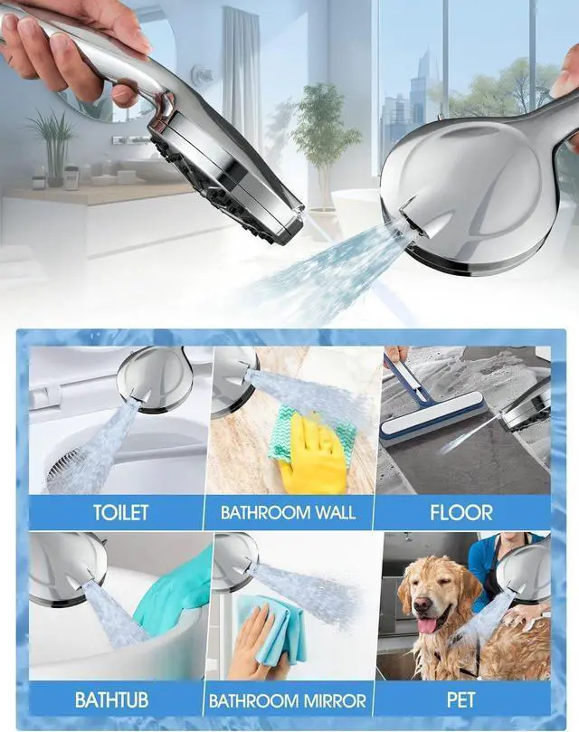 Alt view image 3 of 6 - High Pressure Shower Head with Handheld, 10 Spray Modes Hand Held Showerhead, Built-in 2-Mode Power Wash for Bathroom Tub & Pets, 59 Inch Stainless Steel Hose, Adjustable Bracket, Chrome