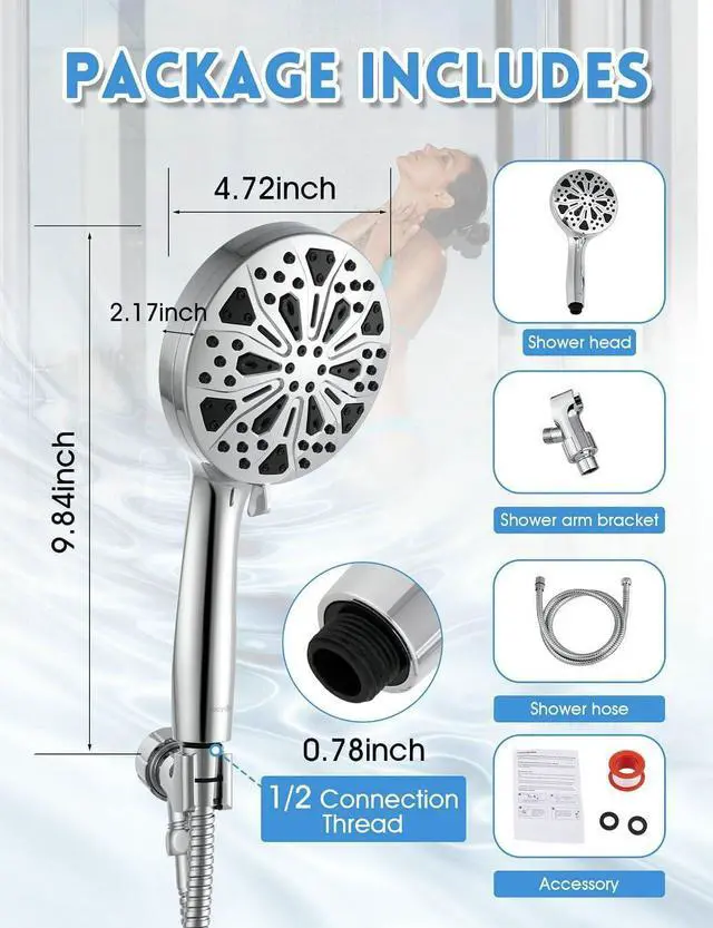 Alt view image 6 of 6 - High Pressure Shower Head with Handheld, 10 Spray Modes Hand Held Showerhead, Built-in 2-Mode Power Wash for Bathroom Tub & Pets, 59 Inch Stainless Steel Hose, Adjustable Bracket, Chrome