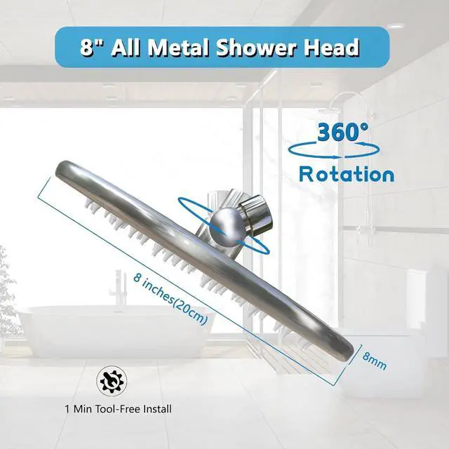 Alt view image 2 of 7 - All Metal 8 Inch Rainfall Shower Head, Chrome Large Round Luxury Fixed Showerhead Thick Stainless Steel, High Flow Rain Shower Heads Replacement Optimized for Pressure Even At Low Water Flow