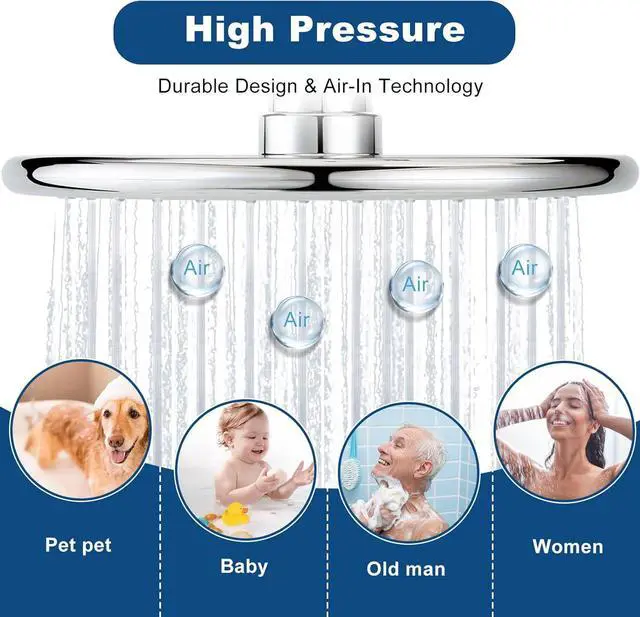 Alt view image 5 of 7 - All Metal 8 Inch Rainfall Shower Head, Chrome Large Round Luxury Fixed Showerhead Thick Stainless Steel, High Flow Rain Shower Heads Replacement Optimized for Pressure Even At Low Water Flow