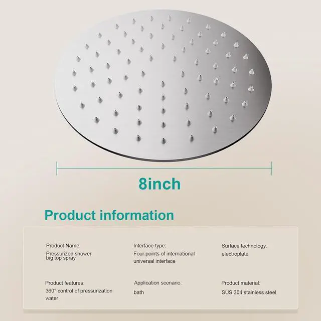 Alt view image 2 of 6 - All Metal Rain Shower Head - Heavy Duty Stainless Steel, Easy Install, High Water Flow, Ultra-Thin Modern Design for Bathroom (Brushed Nickel, 8)