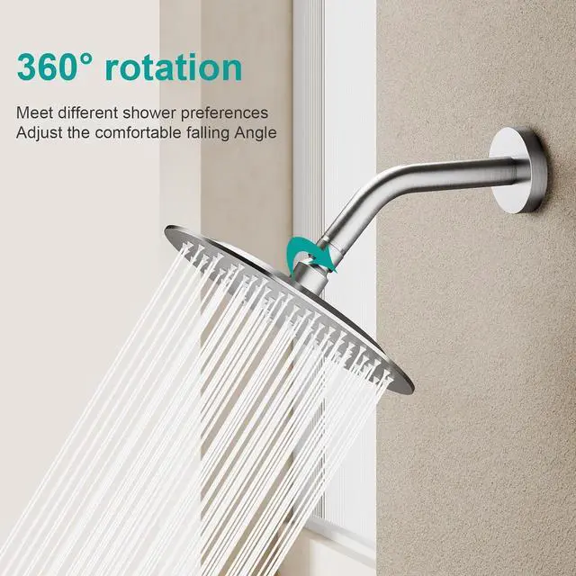 Alt view image 6 of 6 - All Metal Rain Shower Head - Heavy Duty Stainless Steel, Easy Install, High Water Flow, Ultra-Thin Modern Design for Bathroom (Brushed Nickel, 8)