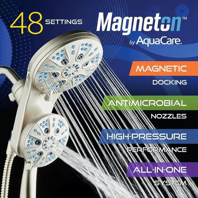 Alt view image 2 of 7 - Magneton High-Pressure 48-mode Luxury 3-way Combo System with Magnetic Guidance Docking, Giant Rain & Handheld Shower Head, Hygienic Jets and 6 ft. Stainless Steel Hose, Satin Nickel