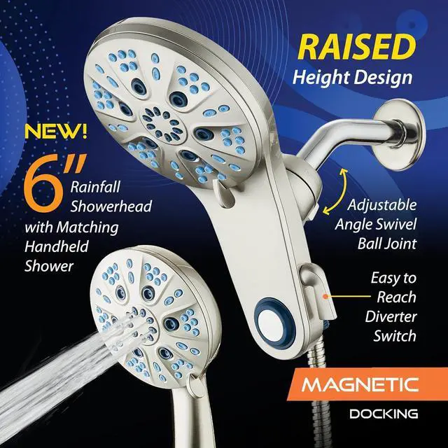 Alt view image 3 of 7 - Magneton High-Pressure 48-mode Luxury 3-way Combo System with Magnetic Guidance Docking, Giant Rain & Handheld Shower Head, Hygienic Jets and 6 ft. Stainless Steel Hose, Satin Nickel