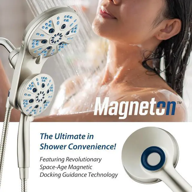 Alt view image 4 of 7 - Magneton High-Pressure 48-mode Luxury 3-way Combo System with Magnetic Guidance Docking, Giant Rain & Handheld Shower Head, Hygienic Jets and 6 ft. Stainless Steel Hose, Satin Nickel