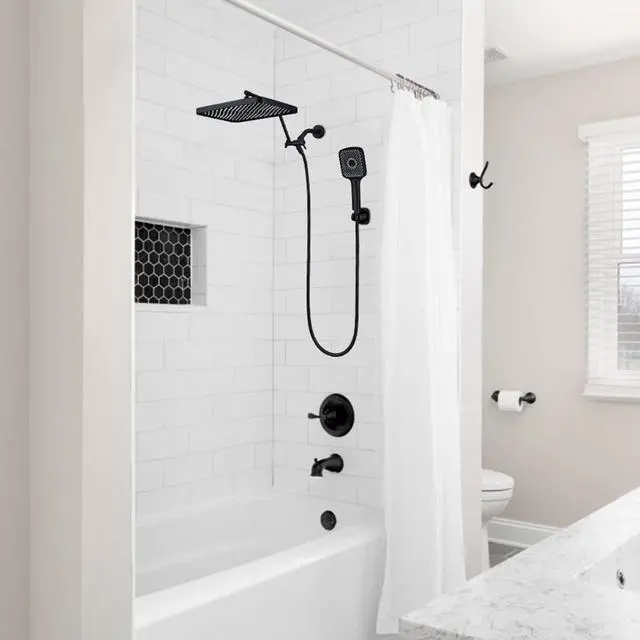 Alt view image 6 of 6 - Shower Heads with Handheld Spray Combo, 13 Inches Rain Shower Head with 4 Mode Handheld Wand, and 13 Inches Adjustable Extension Arm, 3 Way Diverter Valve, Extra Long Hose (Matte Black)