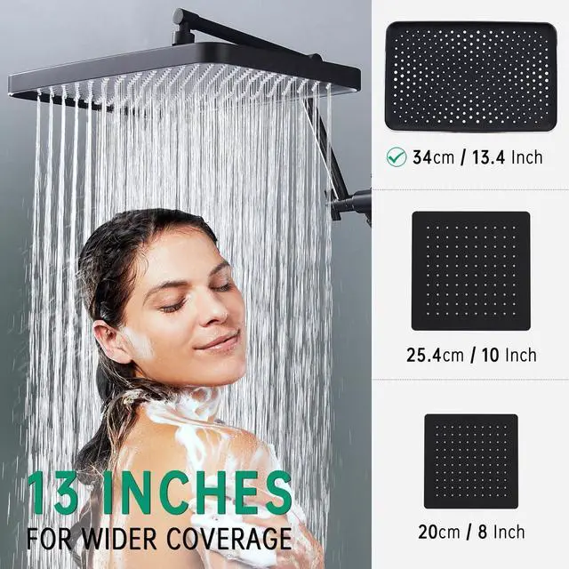 Alt view image 2 of 6 - Shower Heads with Handheld Spray Combo, 13 Inches Rain Shower Head with 4 Mode Handheld Wand, and 13 Inches Adjustable Extension Arm, 3 Way Diverter Valve, Extra Long Hose (Matte Black)