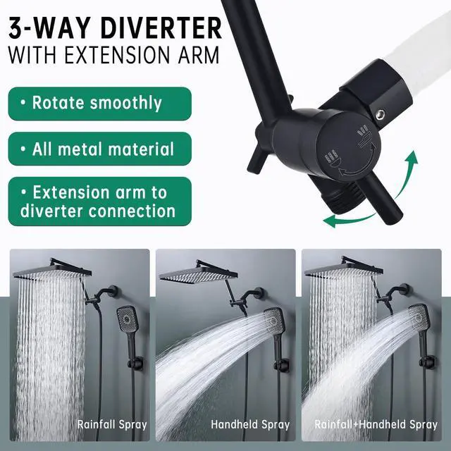 Alt view image 4 of 6 - Shower Heads with Handheld Spray Combo, 13 Inches Rain Shower Head with 4 Mode Handheld Wand, and 13 Inches Adjustable Extension Arm, 3 Way Diverter Valve, Extra Long Hose (Matte Black)