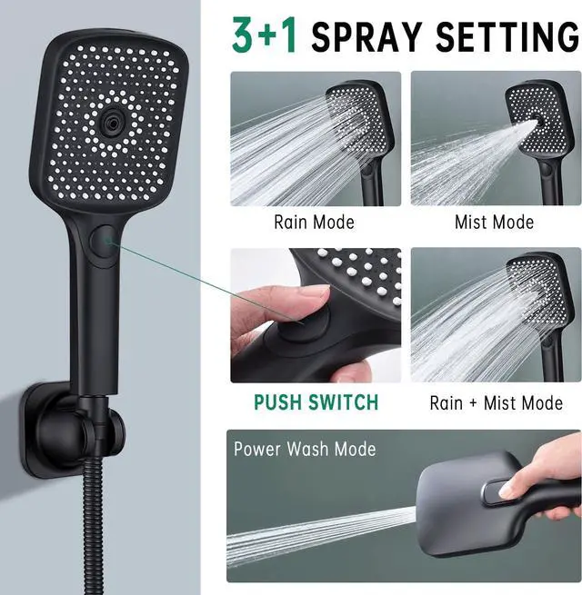 Alt view image 5 of 6 - Shower Heads with Handheld Spray Combo, 13 Inches Rain Shower Head with 4 Mode Handheld Wand, and 13 Inches Adjustable Extension Arm, 3 Way Diverter Valve, Extra Long Hose (Matte Black)