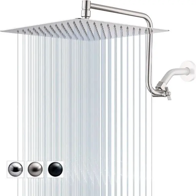 Main image of PDPBath 12" Rain Shower Head with Upgrade Adjustable Extension Arm, 304 Stainless Steel High Pressure Rainfall Showerhead, All Metal Large Square Waterfall Fixed Showerhead - Brushed Nickel
