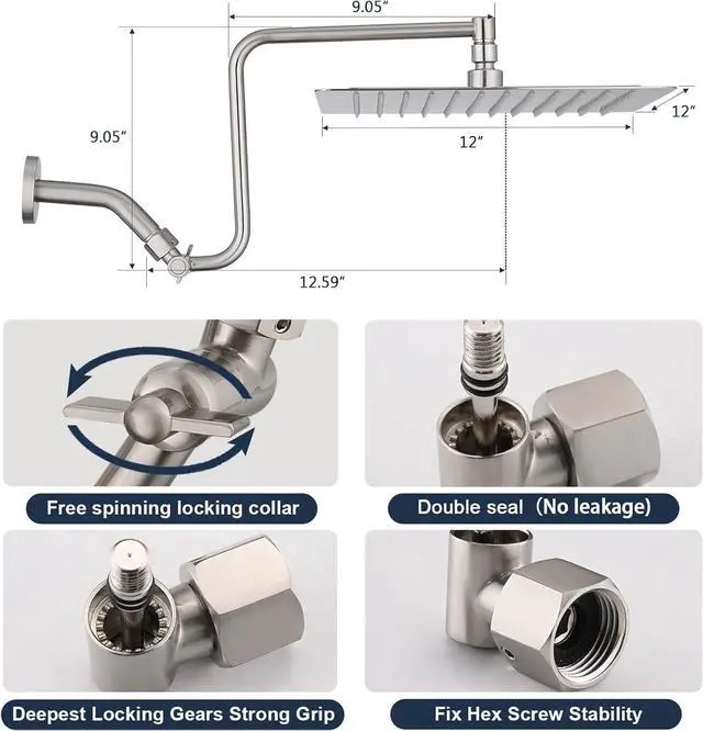 Alt view image 2 of 6 - PDPBath 12" Rain Shower Head with Upgrade Adjustable Extension Arm, 304 Stainless Steel High Pressure Rainfall Showerhead, All Metal Large Square Waterfall Fixed Showerhead - Brushed Nickel
