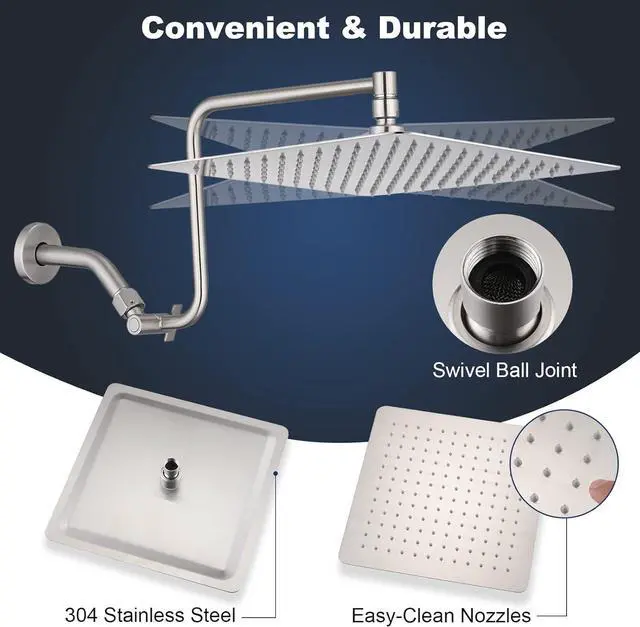 Alt view image 4 of 6 - PDPBath 12" Rain Shower Head with Upgrade Adjustable Extension Arm, 304 Stainless Steel High Pressure Rainfall Showerhead, All Metal Large Square Waterfall Fixed Showerhead - Brushed Nickel