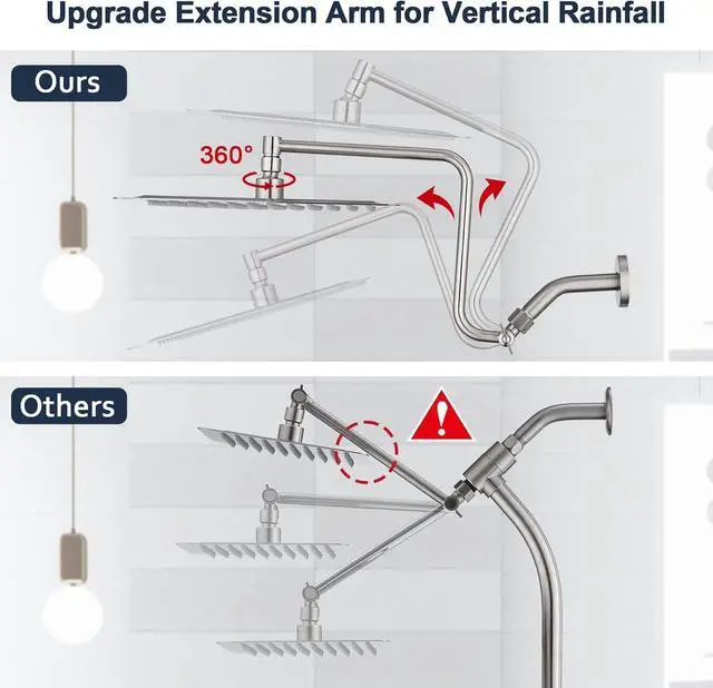 Alt view image 5 of 6 - PDPBath 12" Rain Shower Head with Upgrade Adjustable Extension Arm, 304 Stainless Steel High Pressure Rainfall Showerhead, All Metal Large Square Waterfall Fixed Showerhead - Brushed Nickel
