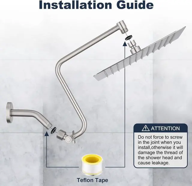 Alt view image 6 of 6 - PDPBath 12" Rain Shower Head with Upgrade Adjustable Extension Arm, 304 Stainless Steel High Pressure Rainfall Showerhead, All Metal Large Square Waterfall Fixed Showerhead - Brushed Nickel