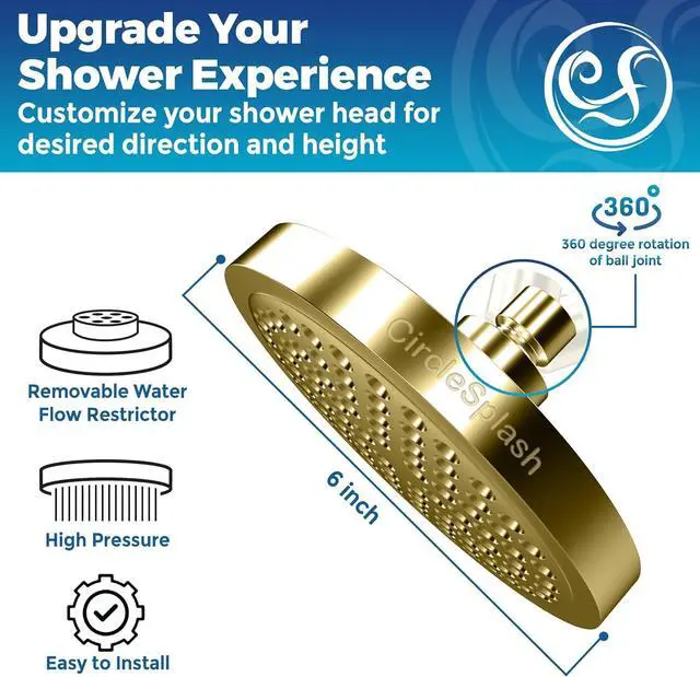 Alt view image 2 of 7 - High Pressure Shower Head - Anti-Clogging Silicone Nozzles - 2.5 GPM Removable Restrictor - Easy to Clean Adjustable Replacement - easy to install with Plumbers Tape - 6 inch - Elegant Gold Finish