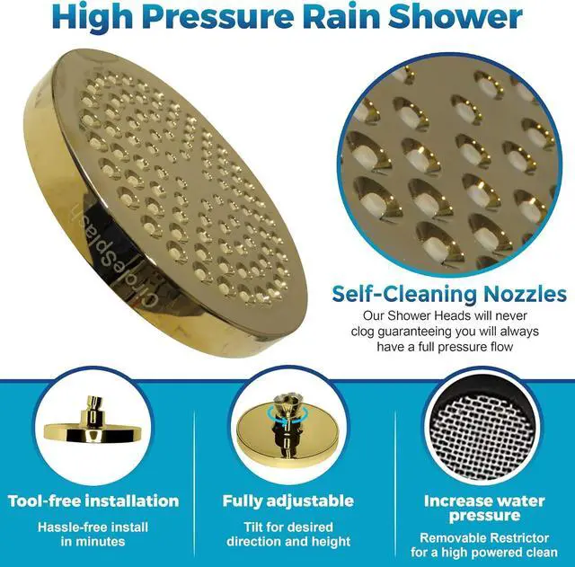Alt view image 3 of 7 - High Pressure Shower Head - Anti-Clogging Silicone Nozzles - 2.5 GPM Removable Restrictor - Easy to Clean Adjustable Replacement - easy to install with Plumbers Tape - 6 inch - Elegant Gold Finish