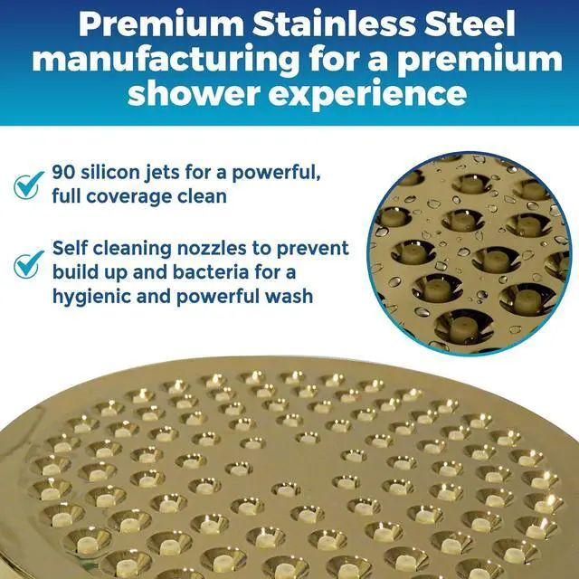 Alt view image 4 of 7 - High Pressure Shower Head - Anti-Clogging Silicone Nozzles - 2.5 GPM Removable Restrictor - Easy to Clean Adjustable Replacement - easy to install with Plumbers Tape - 6 inch - Elegant Gold Finish