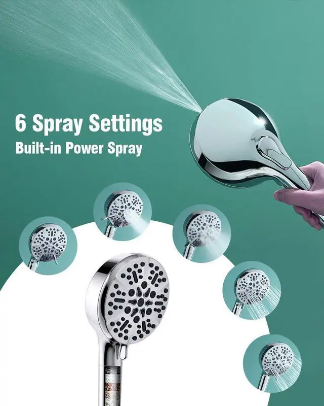Alt view image 4 of 7 - Filtered Shower Head with Handheld, High Pressure Shower Heads with Filter for Hard Water, 6 Spray Modes Detachable Showerhead with Hose and Bracket (Chrome Polished)