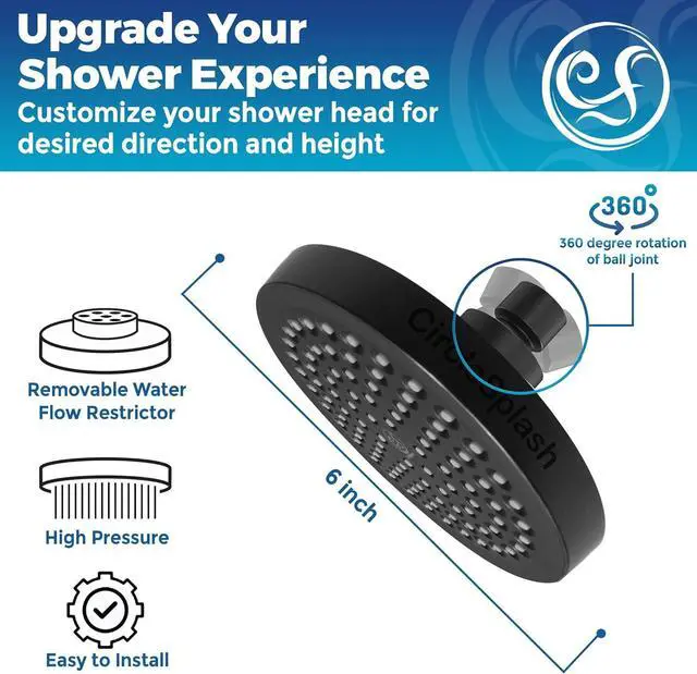 Alt view image 3 of 7 - High Pressure Shower Head - Anti-Clogging Silicone Nozzles - 2.5 GPM Removable Restrictor - Easy to Clean Adjustable Replacement - easy to install with Plumbers Tape - 6 inch - Matte Black Finish