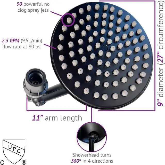 Alt view image 5 of 6 - Rainfall Shower Head  Energy Efficient High Pressure Water Flow  Easy Installation Adjustable Luxurious Shower Head  9 Diameter, Black Matte