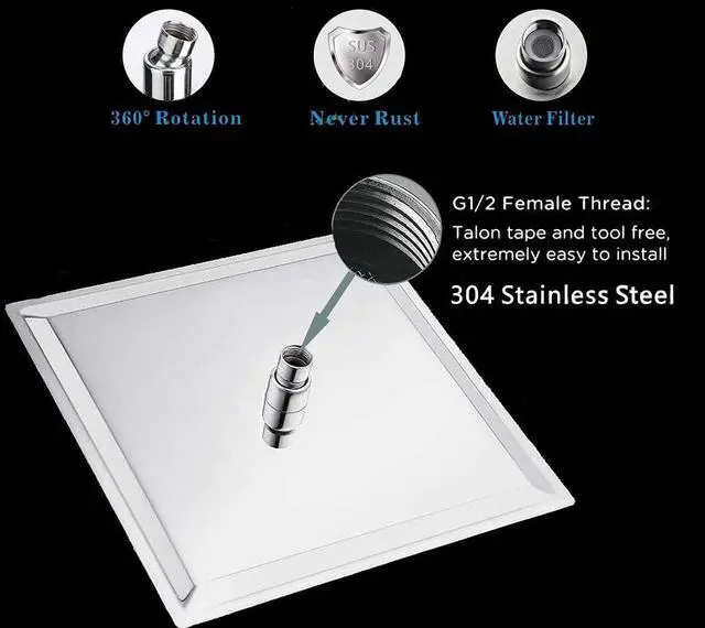 Alt view image 2 of 7 - High Pressure Rain Shower Head, 304 Stainless Steel Large Rainfall Showerhead for Bathroom, Easy to Install, Awesome Shower Experience (Square, 12 inch)