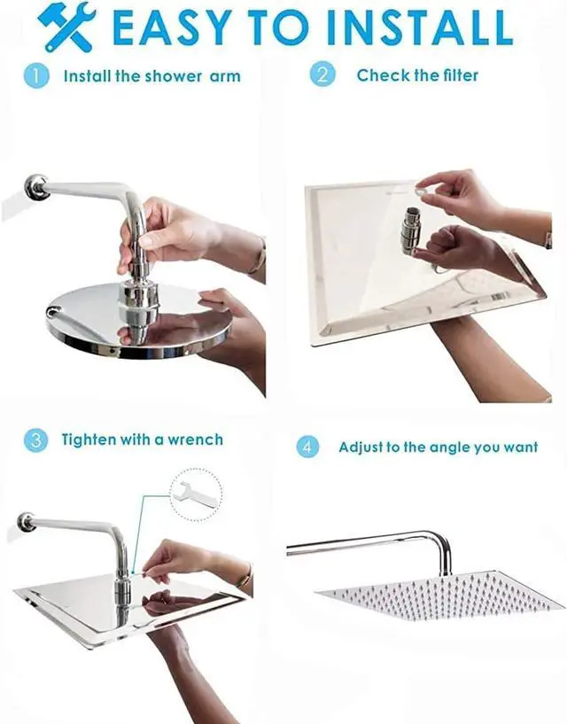 Alt view image 7 of 7 - High Pressure Rain Shower Head, 304 Stainless Steel Large Rainfall Showerhead for Bathroom, Easy to Install, Awesome Shower Experience (Square, 12 inch)