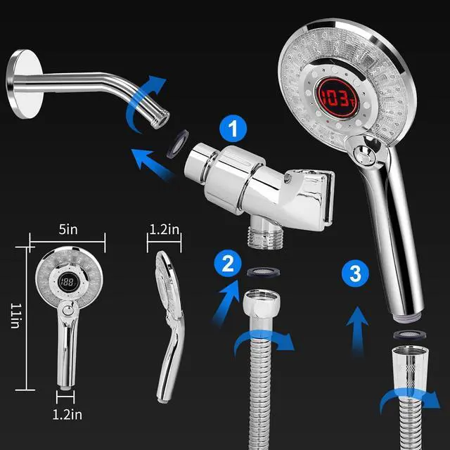 Alt view image 2 of 7 - LED Shower Head Color Changing, Handheld Shower Head High Pressure with Hose, Water Saving Spray Showerheads, Discoloration Warning, Water Temperature Display, 3 Spray Modes, Easy to Install, Chrome