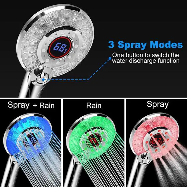 Alt view image 3 of 7 - LED Shower Head Color Changing, Handheld Shower Head High Pressure with Hose, Water Saving Spray Showerheads, Discoloration Warning, Water Temperature Display, 3 Spray Modes, Easy to Install, Chrome